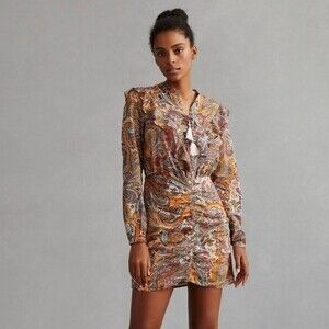 NWT By Anthropologie Paisley Tie Up Long Sleeve Mini Dress